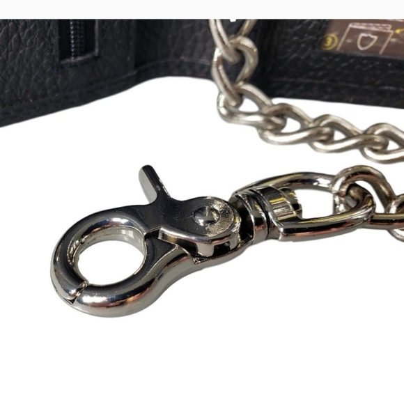 Men's Cowhide Black Leather Trifold Chain Motorcycle Biker Long Checkbook Wallet - Picture 7 of 8